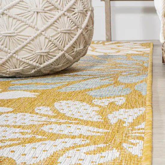 8' Yellow And Cream Floral Indoor Outdoor Runner Rug Photo 7