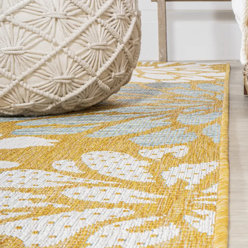 8' Yellow And Cream Floral Indoor Outdoor Runner Rug Photo 7