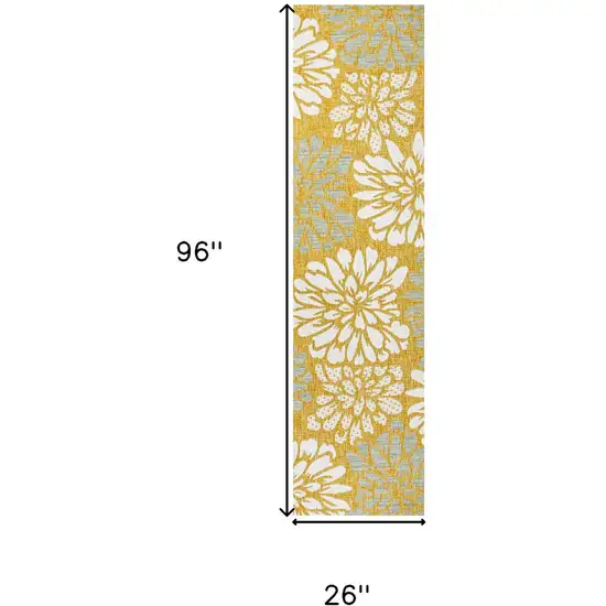 8' Yellow And Cream Floral Indoor Outdoor Runner Rug Photo 7