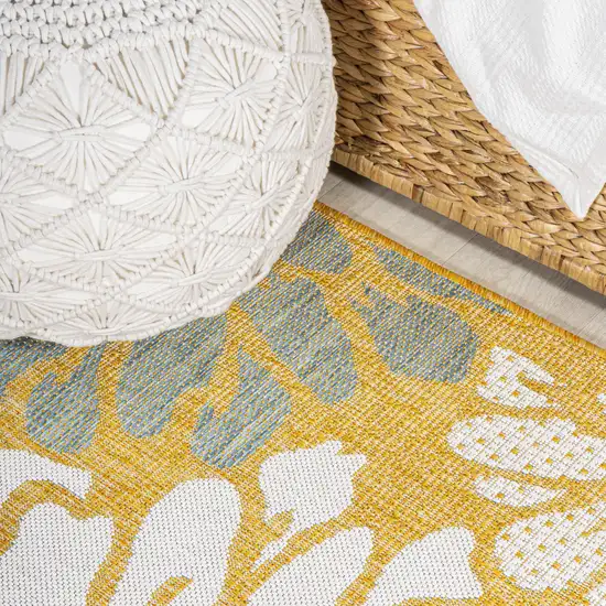 8' Yellow And Cream Floral Indoor Outdoor Runner Rug Photo 6