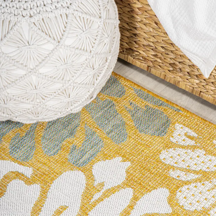 8' Yellow And Cream Floral Indoor Outdoor Runner Rug Photo 6