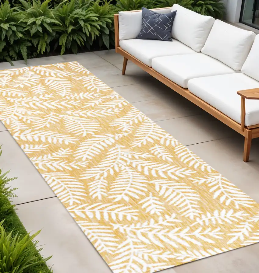 10' Yellow And Cream Floral Indoor Outdoor Runner Rug Photo 1