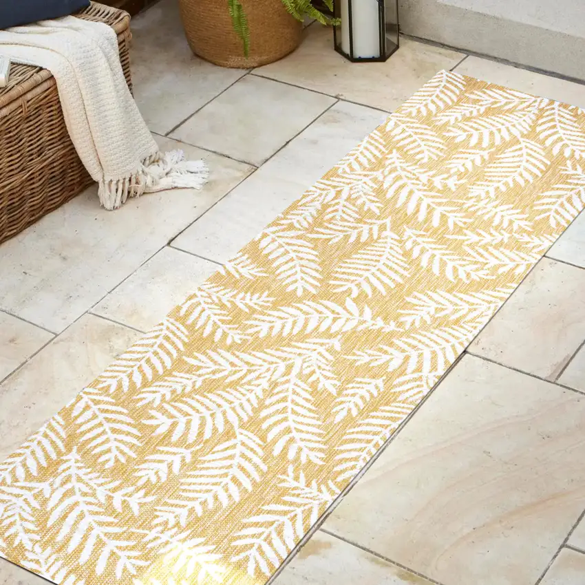 10' Yellow And Cream Floral Indoor Outdoor Runner Rug Photo 5