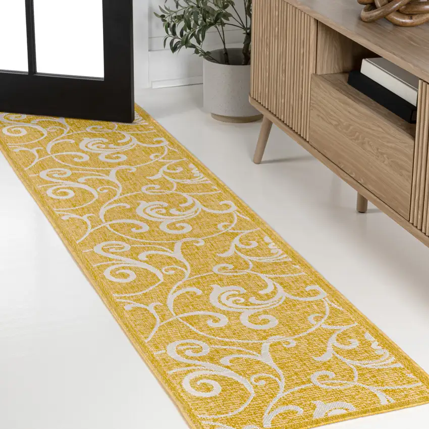 8' Yellow And Cream Floral Indoor Outdoor Runner Rug Photo 4