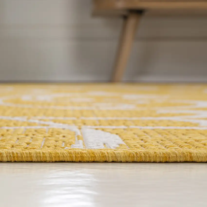 8' Yellow And Cream Floral Indoor Outdoor Runner Rug Photo 9