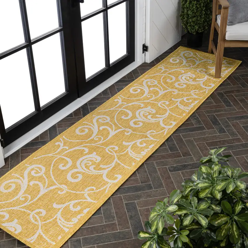 8' Yellow And Cream Floral Indoor Outdoor Runner Rug Photo 5