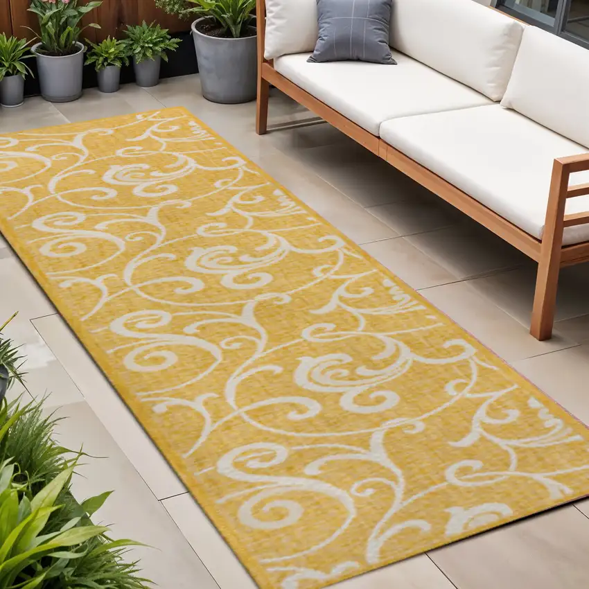 8' Yellow And Cream Floral Indoor Outdoor Runner Rug Photo 1