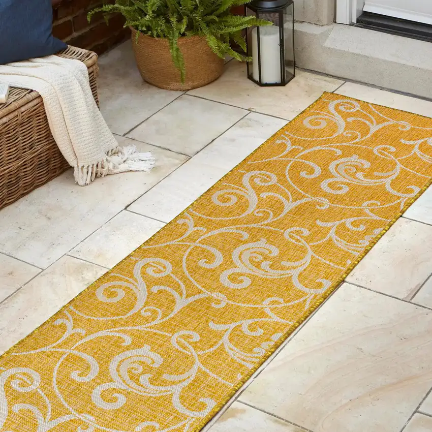 8' Yellow And Cream Floral Indoor Outdoor Runner Rug Photo 6