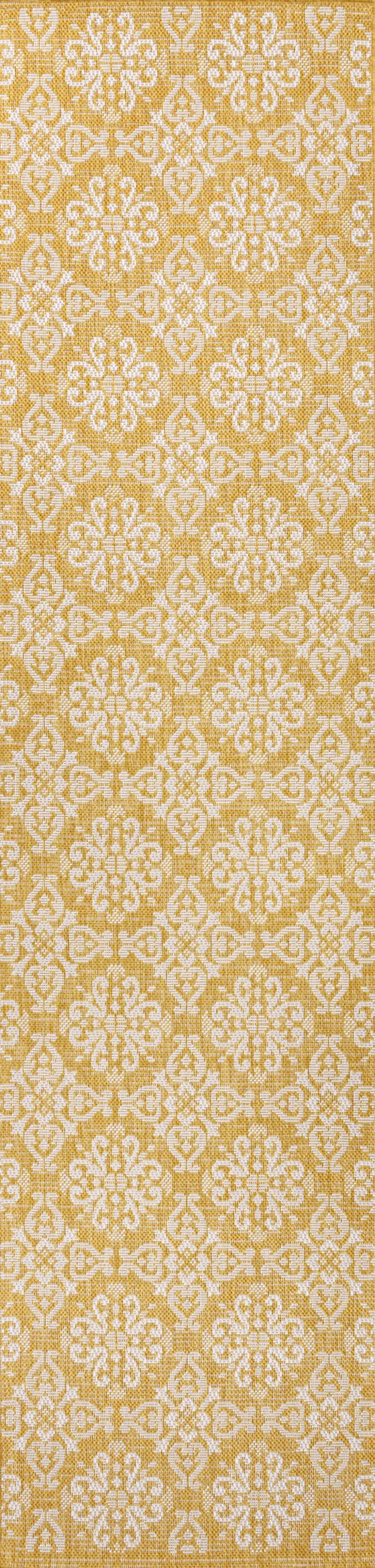 8' Yellow And Cream Floral Indoor Outdoor Runner Rug Photo 2
