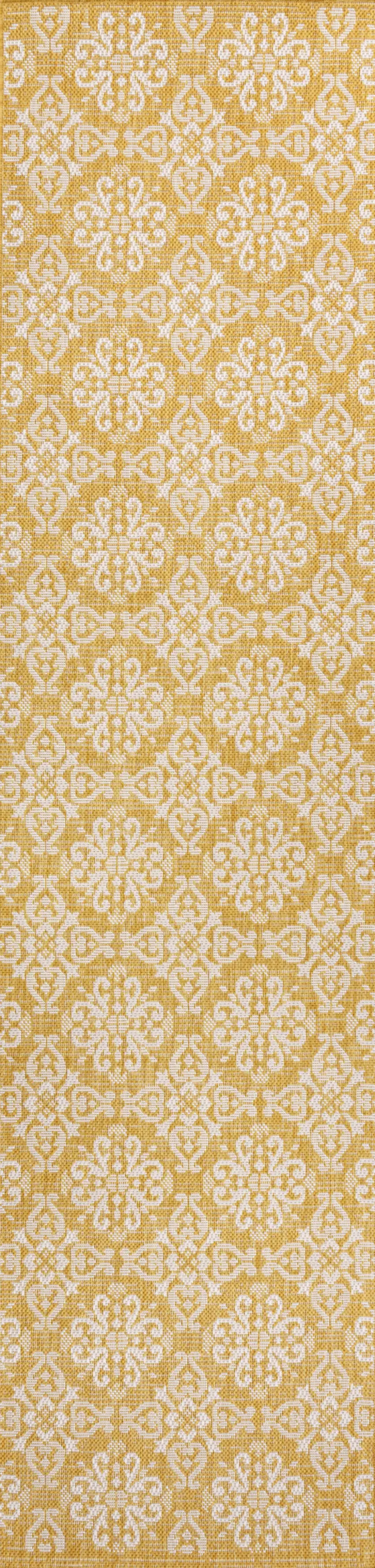 8' Yellow And Cream Floral Indoor Outdoor Runner Rug Photo 1