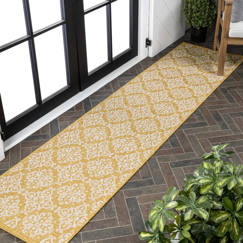 8' Yellow And Cream Floral Indoor Outdoor Runner Rug Photo 4