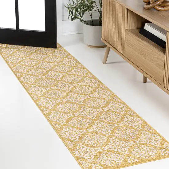 8' Yellow And Cream Floral Indoor Outdoor Runner Rug Photo 3