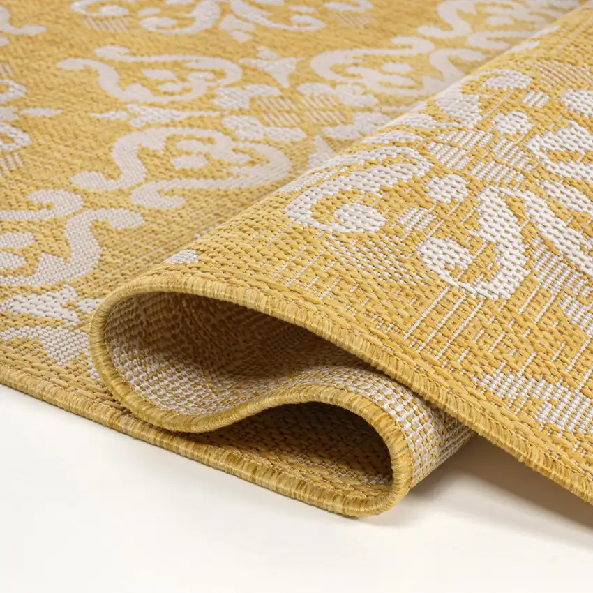 8' Yellow And Cream Floral Indoor Outdoor Runner Rug Photo 9