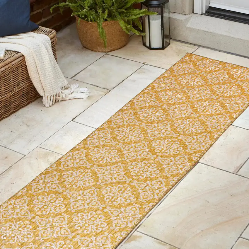 8' Yellow And Cream Floral Indoor Outdoor Runner Rug Photo 5