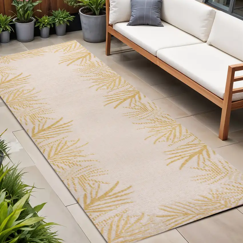 8' Yellow And Cream Floral Indoor Outdoor Runner Rug Photo 1