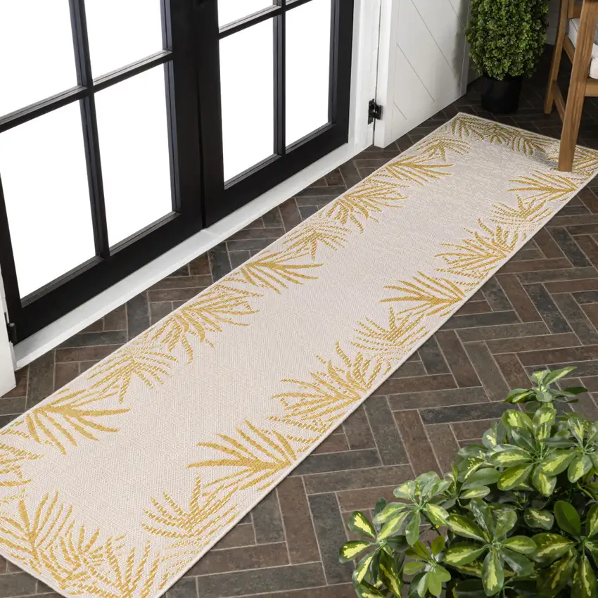 8' Yellow And Cream Floral Indoor Outdoor Runner Rug Photo 4