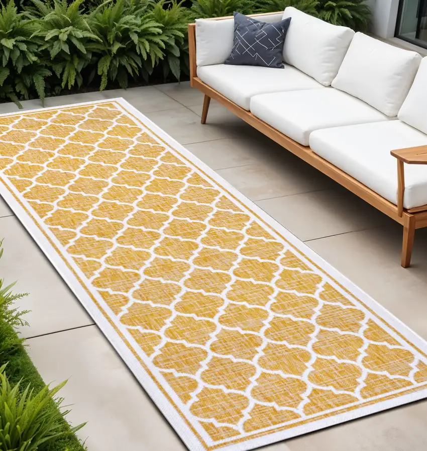 10' Yellow And Cream Geometric Indoor Outdoor Runner Rug Photo 1