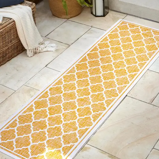 10' Yellow And Cream Geometric Indoor Outdoor Runner Rug Photo 5