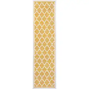 Photo of 8' Yellow And Cream Geometric Indoor Outdoor Runner Rug