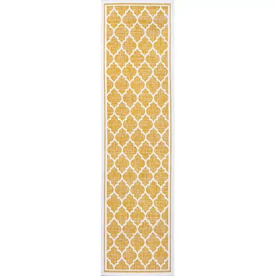 8' Yellow And Cream Geometric Indoor Outdoor Runner Rug Photo 1