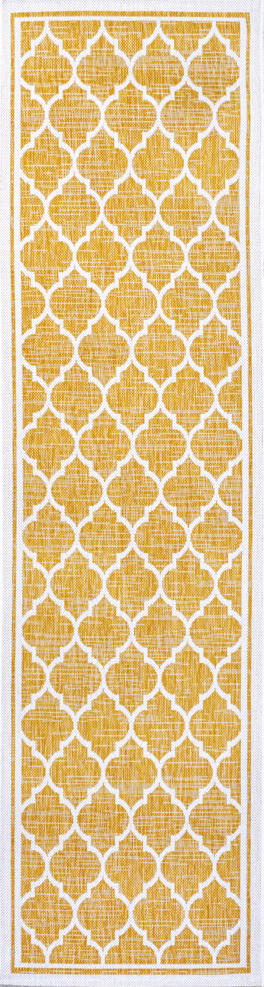 8' Yellow And Cream Geometric Indoor Outdoor Runner Rug Photo 1