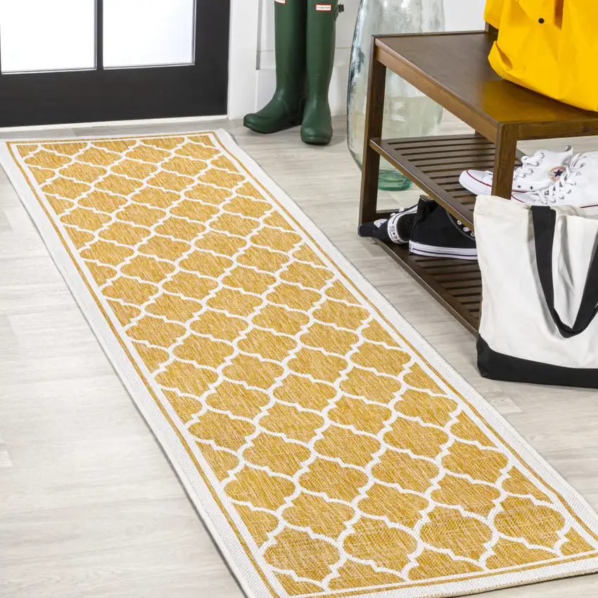 8' Yellow And Cream Geometric Indoor Outdoor Runner Rug Photo 4