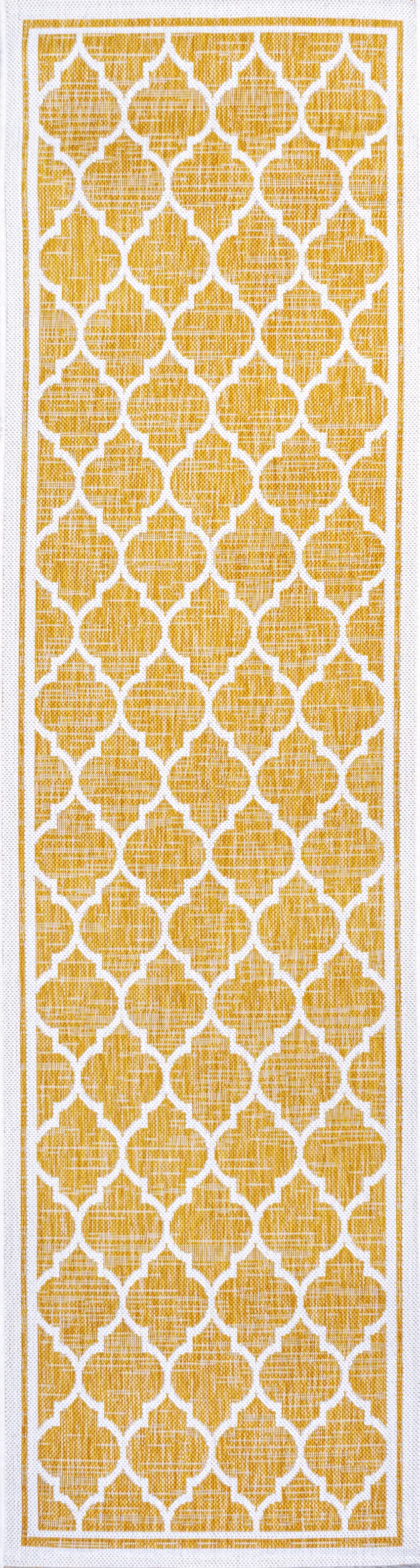 8' Yellow And Cream Geometric Indoor Outdoor Runner Rug Photo 3