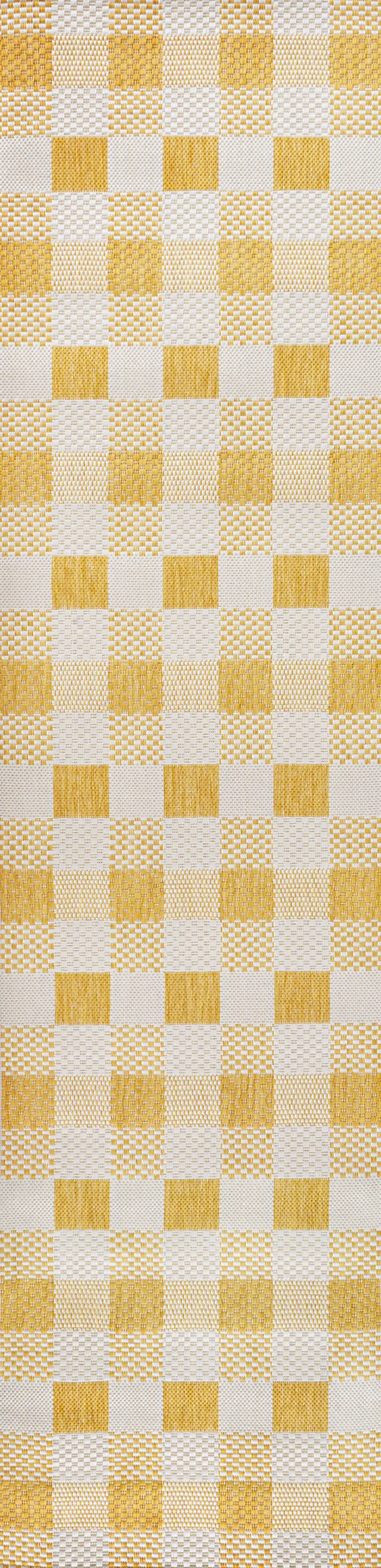 8' Yellow And Cream Geometric Indoor Outdoor Runner Rug Photo 1
