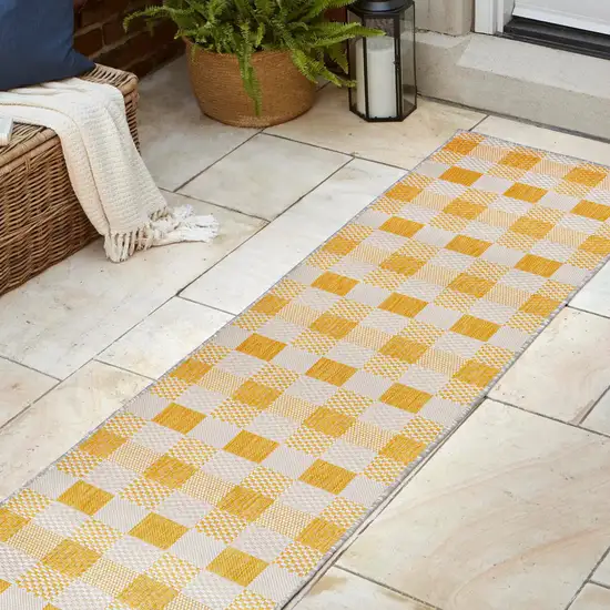 8' Yellow And Cream Geometric Indoor Outdoor Runner Rug Photo 4