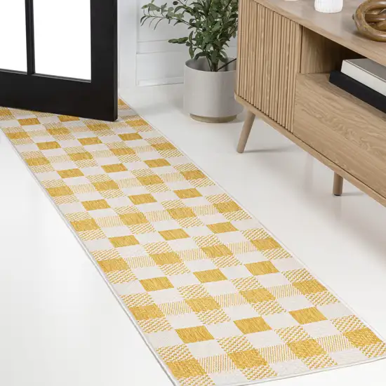 8' Yellow And Cream Geometric Indoor Outdoor Runner Rug Photo 2