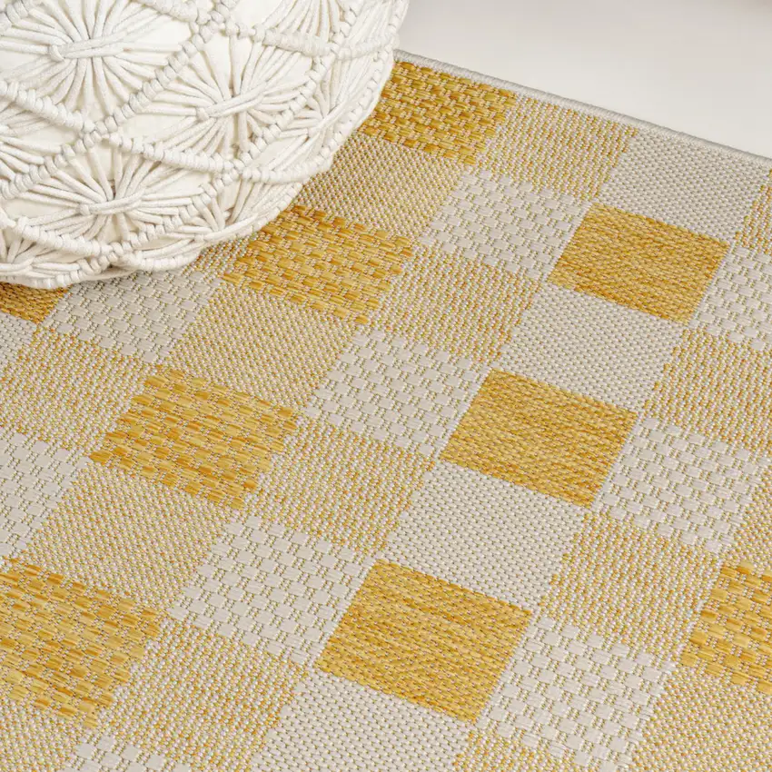 8' Yellow And Cream Geometric Indoor Outdoor Runner Rug Photo 8