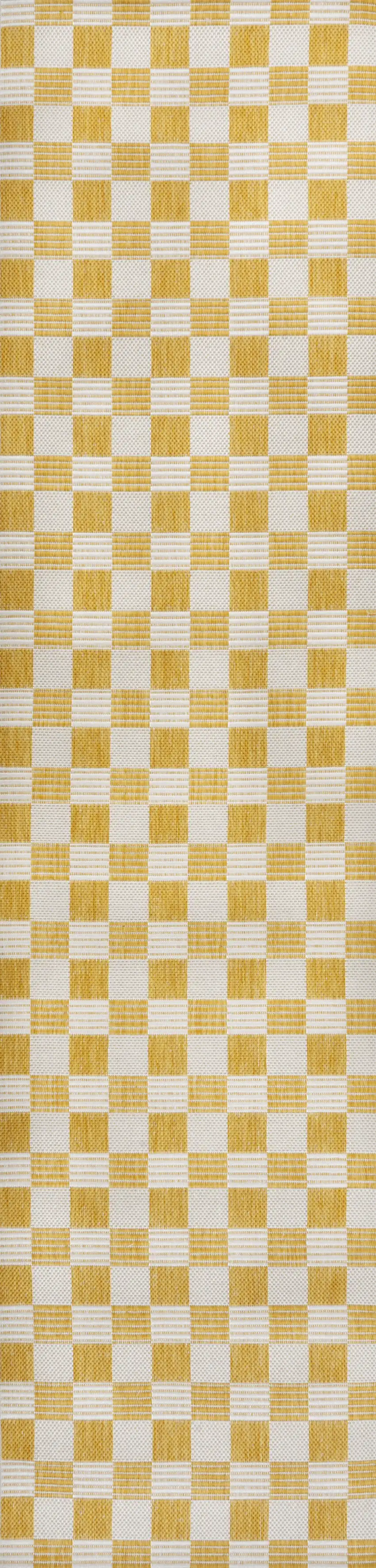 8' Yellow And Cream Geometric Indoor Outdoor Runner Rug Photo 1