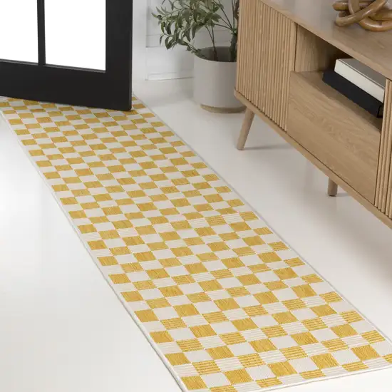 8' Yellow And Cream Geometric Indoor Outdoor Runner Rug Photo 2