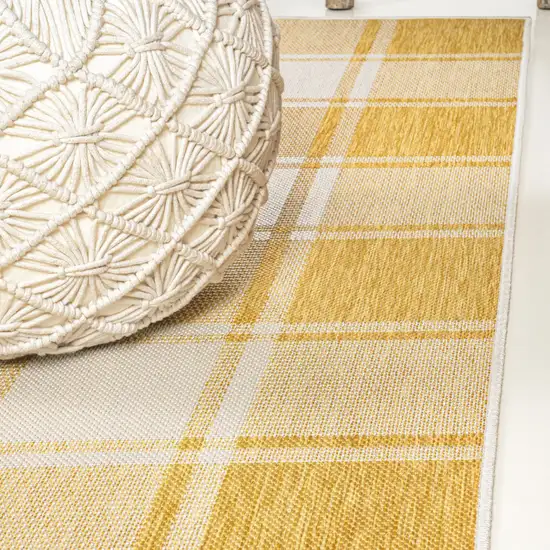 8' Yellow And Cream Gingham Indoor Outdoor Runner Rug Photo 6