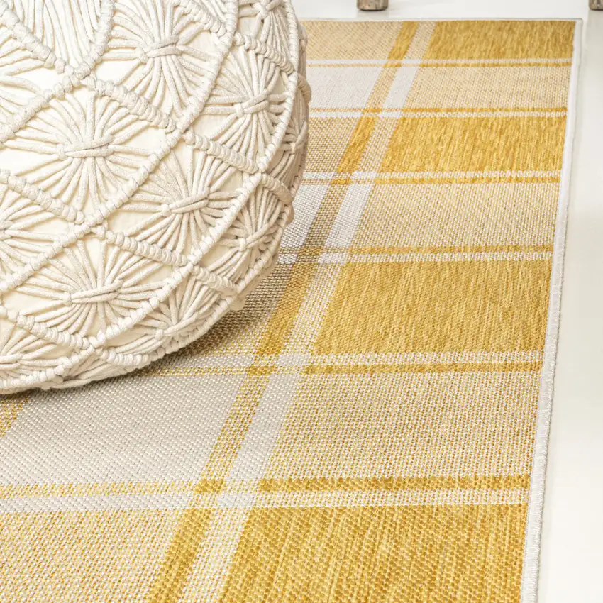 8' Yellow And Cream Gingham Indoor Outdoor Runner Rug Photo 6