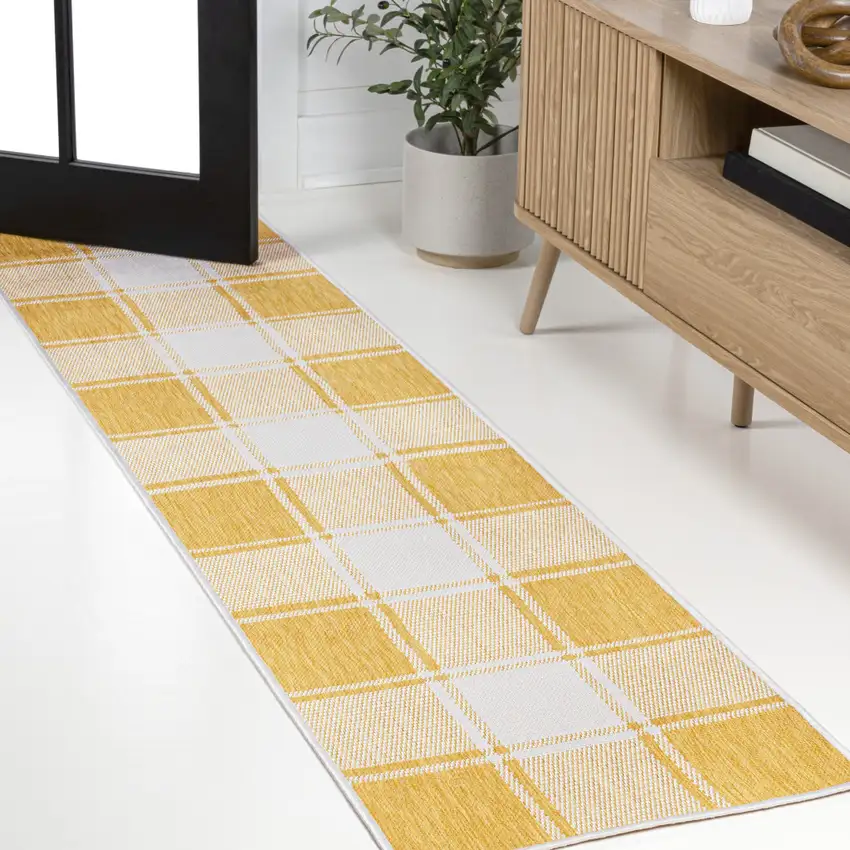 8' Yellow And Cream Gingham Indoor Outdoor Runner Rug Photo 2