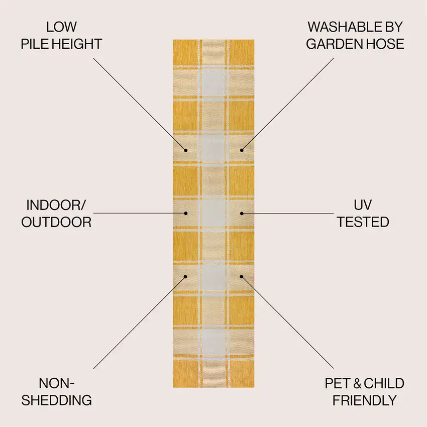 8' Yellow And Cream Gingham Indoor Outdoor Runner Rug Photo 7