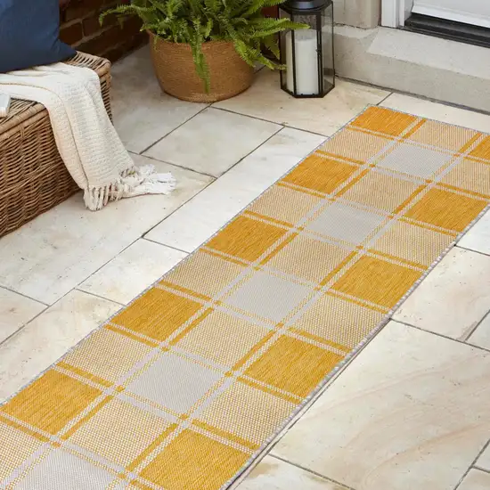 8' Yellow And Cream Gingham Indoor Outdoor Runner Rug Photo 4