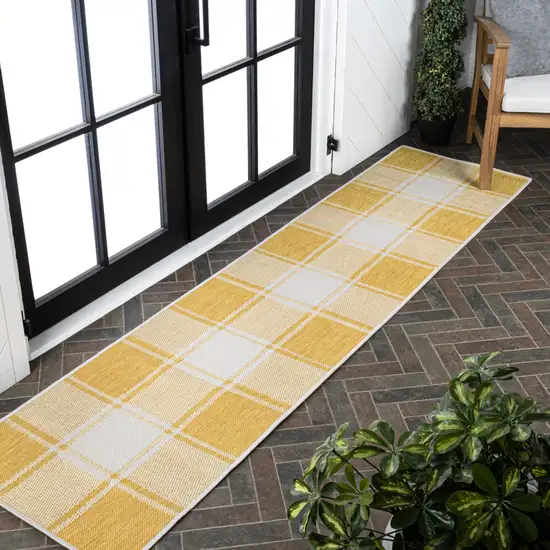 8' Yellow And Cream Gingham Indoor Outdoor Runner Rug Photo 3