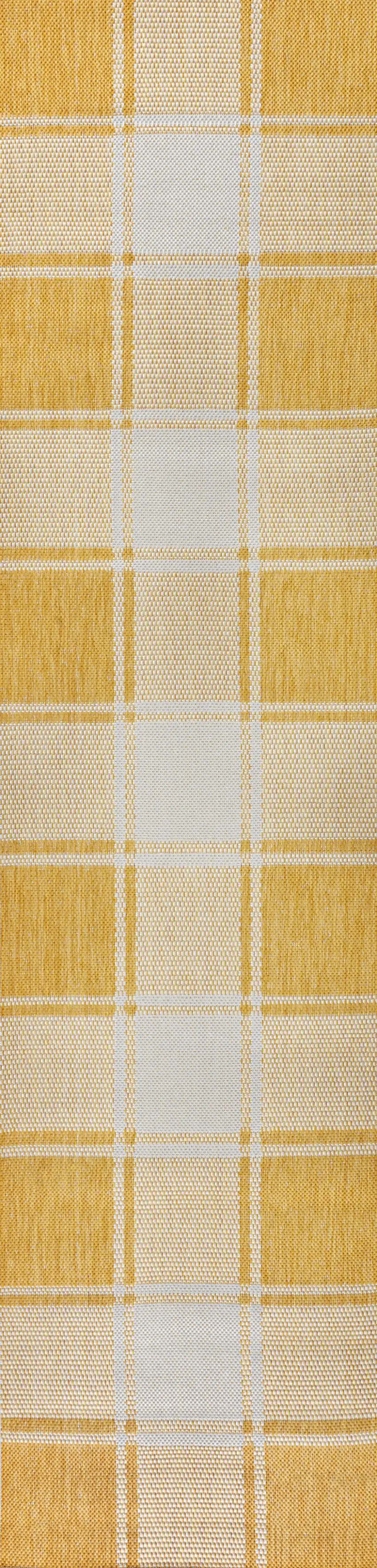8' Yellow And Cream Gingham Indoor Outdoor Runner Rug Photo 1