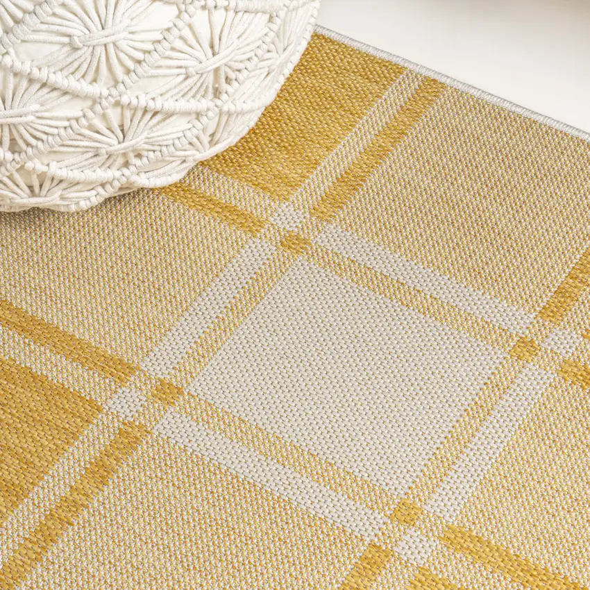 8' Yellow And Cream Gingham Indoor Outdoor Runner Rug Photo 9