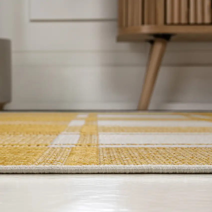 8' Yellow And Cream Gingham Indoor Outdoor Runner Rug Photo 5