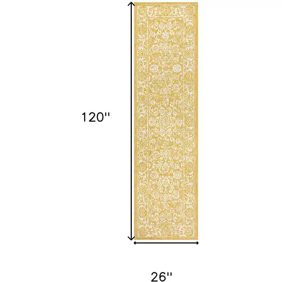 10' Yellow And Cream Medallion Indoor Outdoor Runner Rug Photo 6