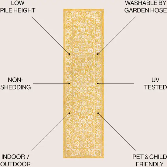 10' Yellow And Cream Medallion Indoor Outdoor Runner Rug Photo 8