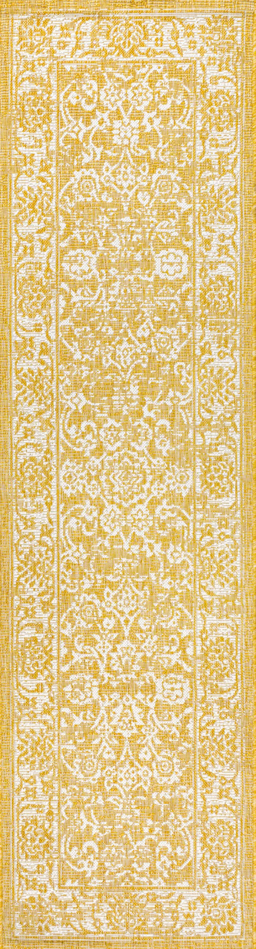 10' Yellow And Cream Medallion Indoor Outdoor Runner Rug Photo 1