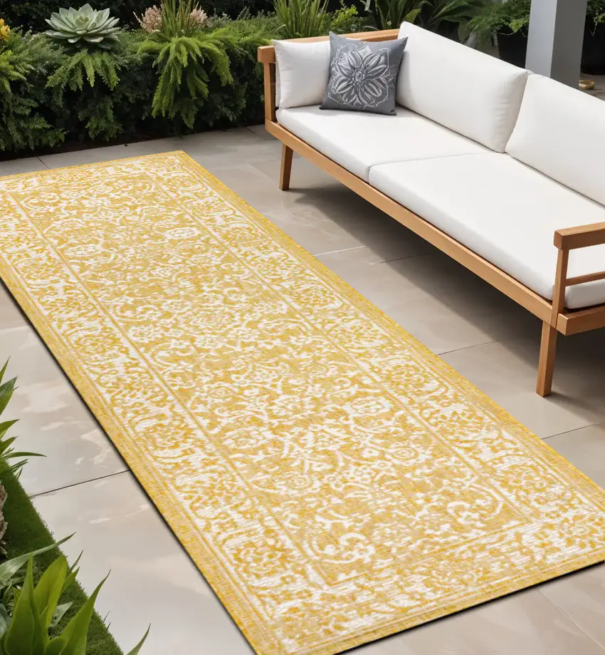 10' Yellow And Cream Medallion Indoor Outdoor Runner Rug Photo 1