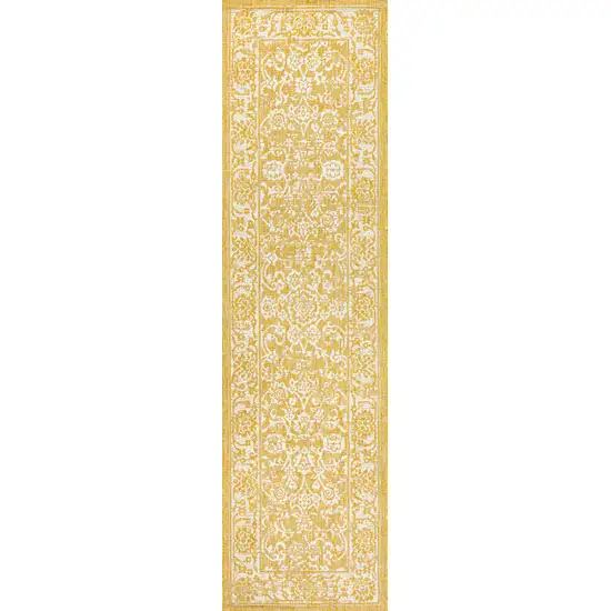 8' Yellow And Cream Medallion Indoor Outdoor Runner Rug Photo 1