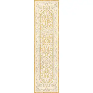 Photo of 10' Yellow And Cream Medallion Indoor Outdoor Runner Rug
