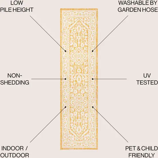 10' Yellow And Cream Medallion Indoor Outdoor Runner Rug Photo 8