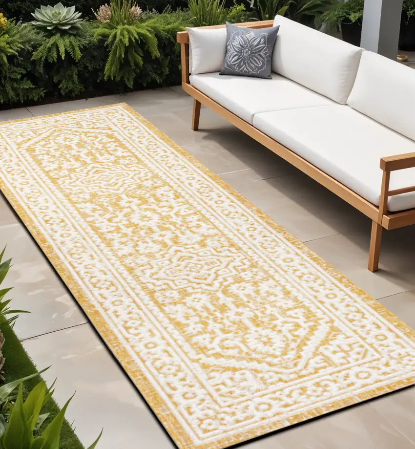 10' Yellow And Cream Medallion Indoor Outdoor Runner Rug Photo 1